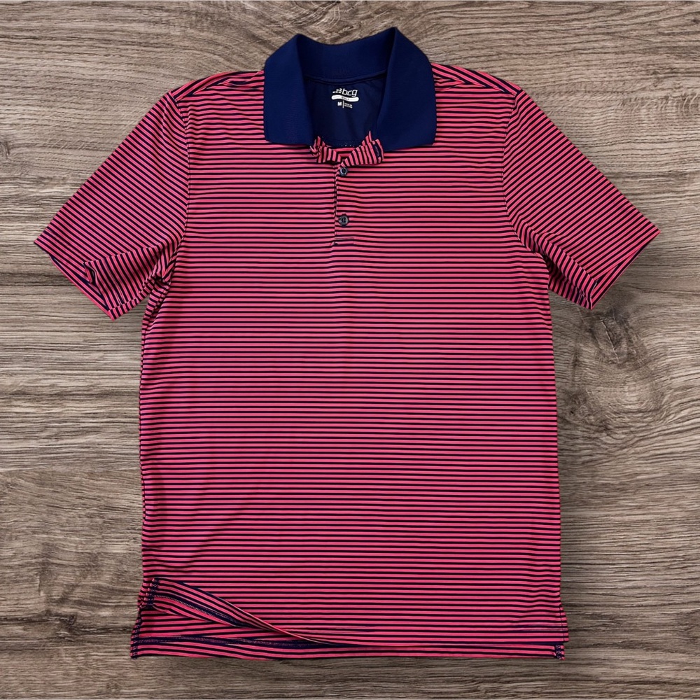 BCG Men’s Red/Blue Stripes Performance Golf Polo. Medium